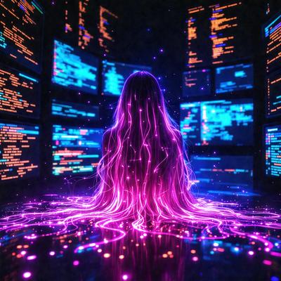 The primary subject of the image is a woman with long hair, sitting in front of a computer screen. The setting is a room with multiple computer screens surrounding her. The visual style is a combination of digital art and illustration, creating a futuristic and technological atmosphere. The colors and mood are predominantly purple and blue, giving the scene a calm and serene vibe.